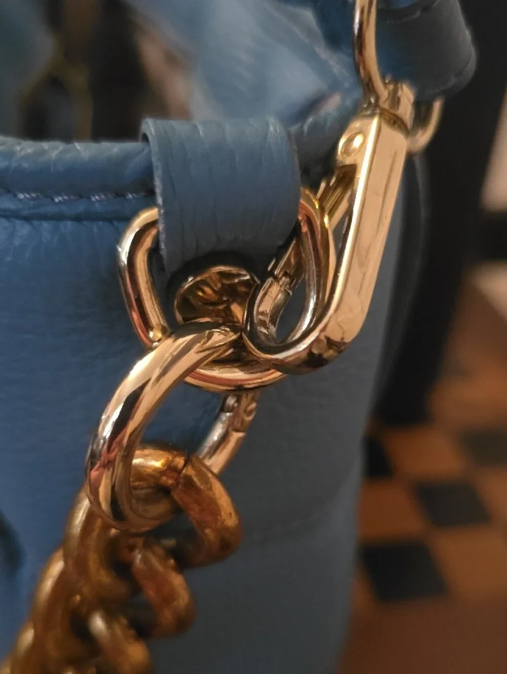 Quilted Light Blue Leather Crossbody with Gold Chain Accent